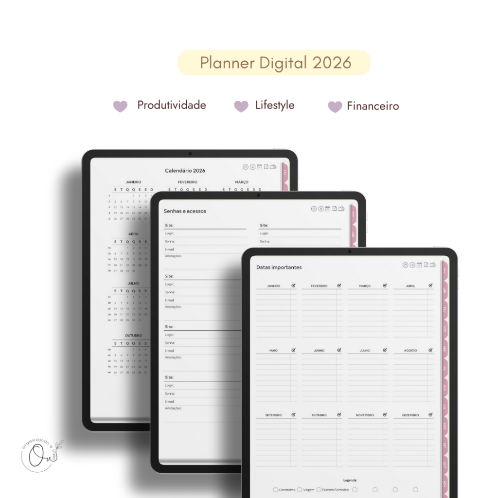 Planner Digital 2026 - Vertical - Organizando a Vida
